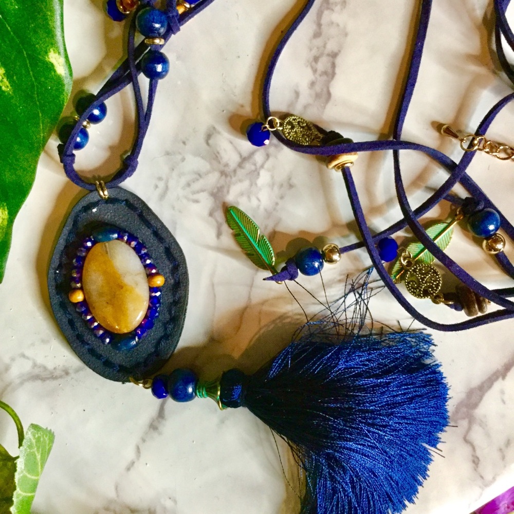 🆕vegan leather & Stone tassel pendant necklace